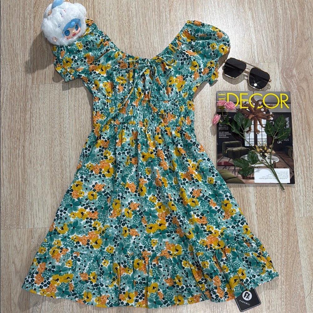 Floral Women Dress in Green and Orange
